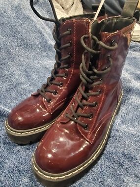 Sincerly Jules Burgundy Patent Lace-Up Combat Boots